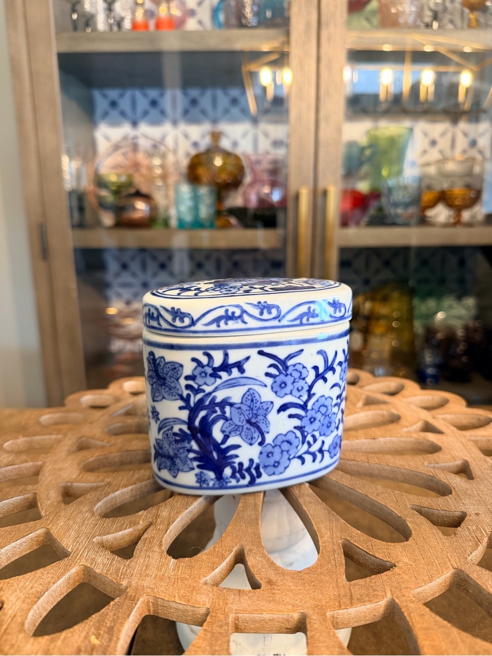 Blue and White Floral Ceramic Trinket Jar